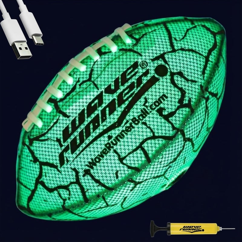 WaveRunner Glow in The Dark LED Football - Junior Size Waterproof Light Up Football, Type-C Rechargeable with Pump, Outdoor Sports Toy for Kids, Teens, and Adults - Image 1